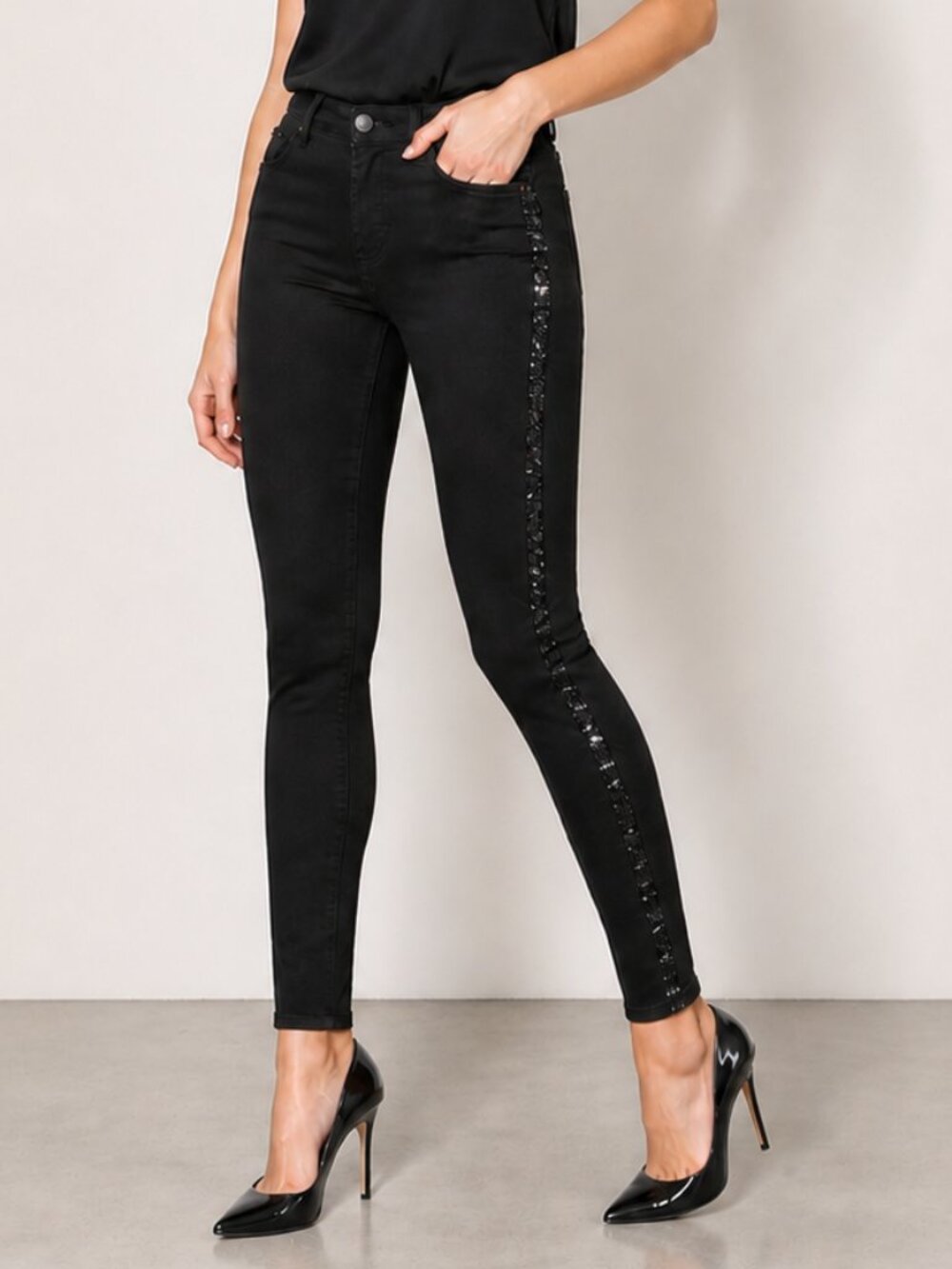 7 For All Mankind Super Skinny Black Jeans with Black Swarovski Crystals